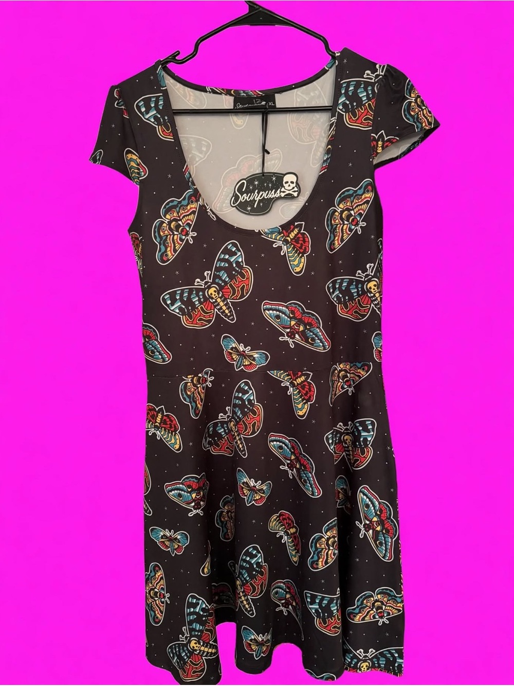Sourpuss Black Butterfly Print Skater Dress with Red and Teal moths.